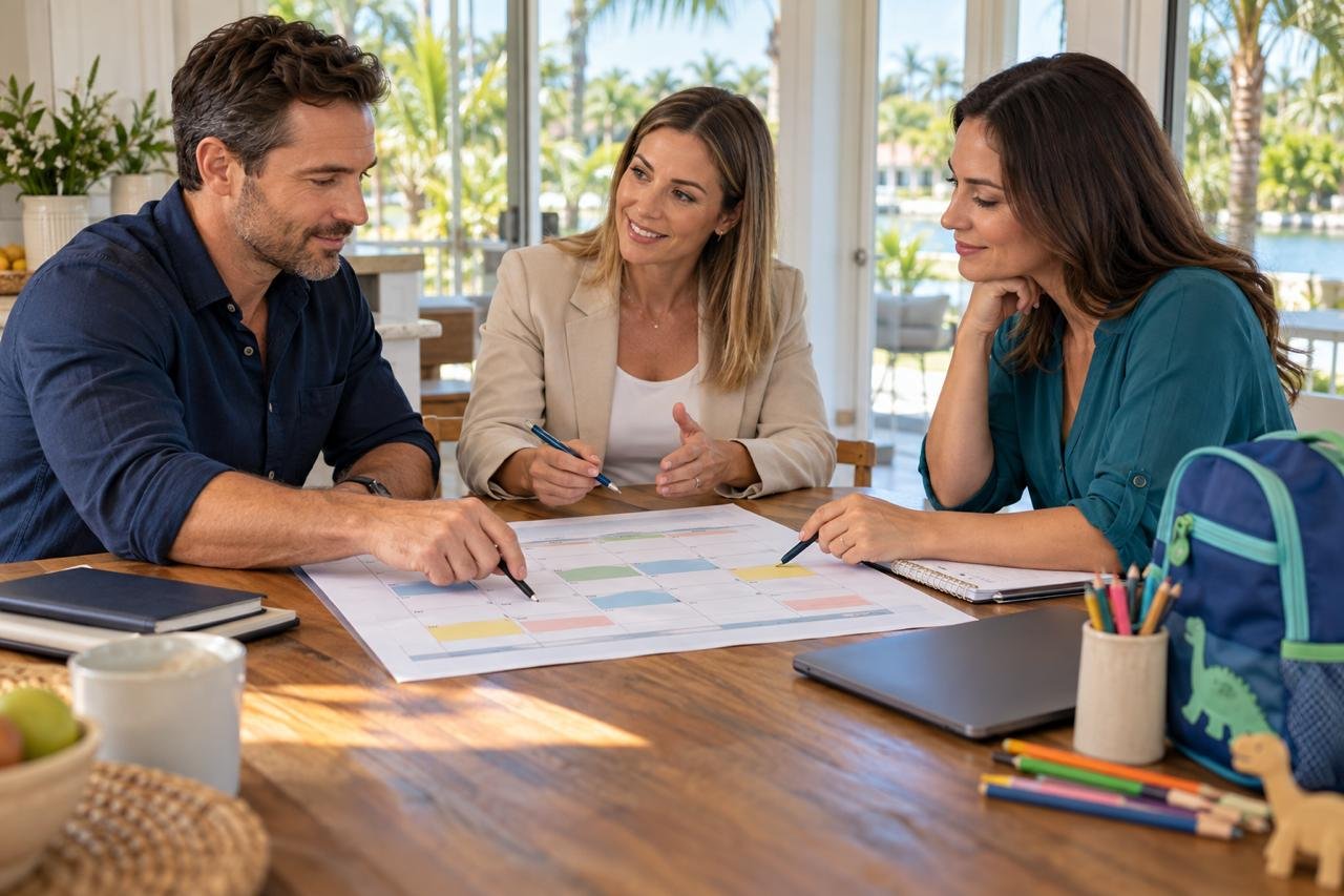 Two people discuss options with a neutral mediator in a Florida office.